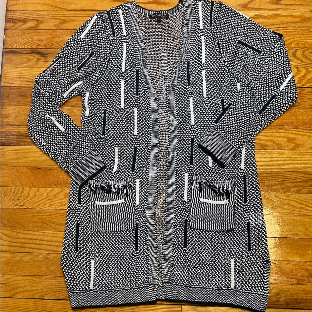 Women’s Black and White Cardigan With Fringe Detail. Picadilly Canada Brand.